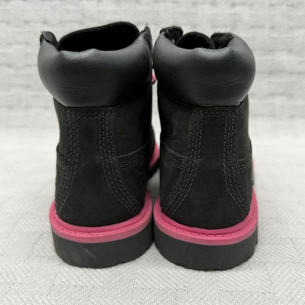 Timberland Combat Boots Girls Size 12 Black Pink Waterproof Nubuck‎ Hearts A15M9